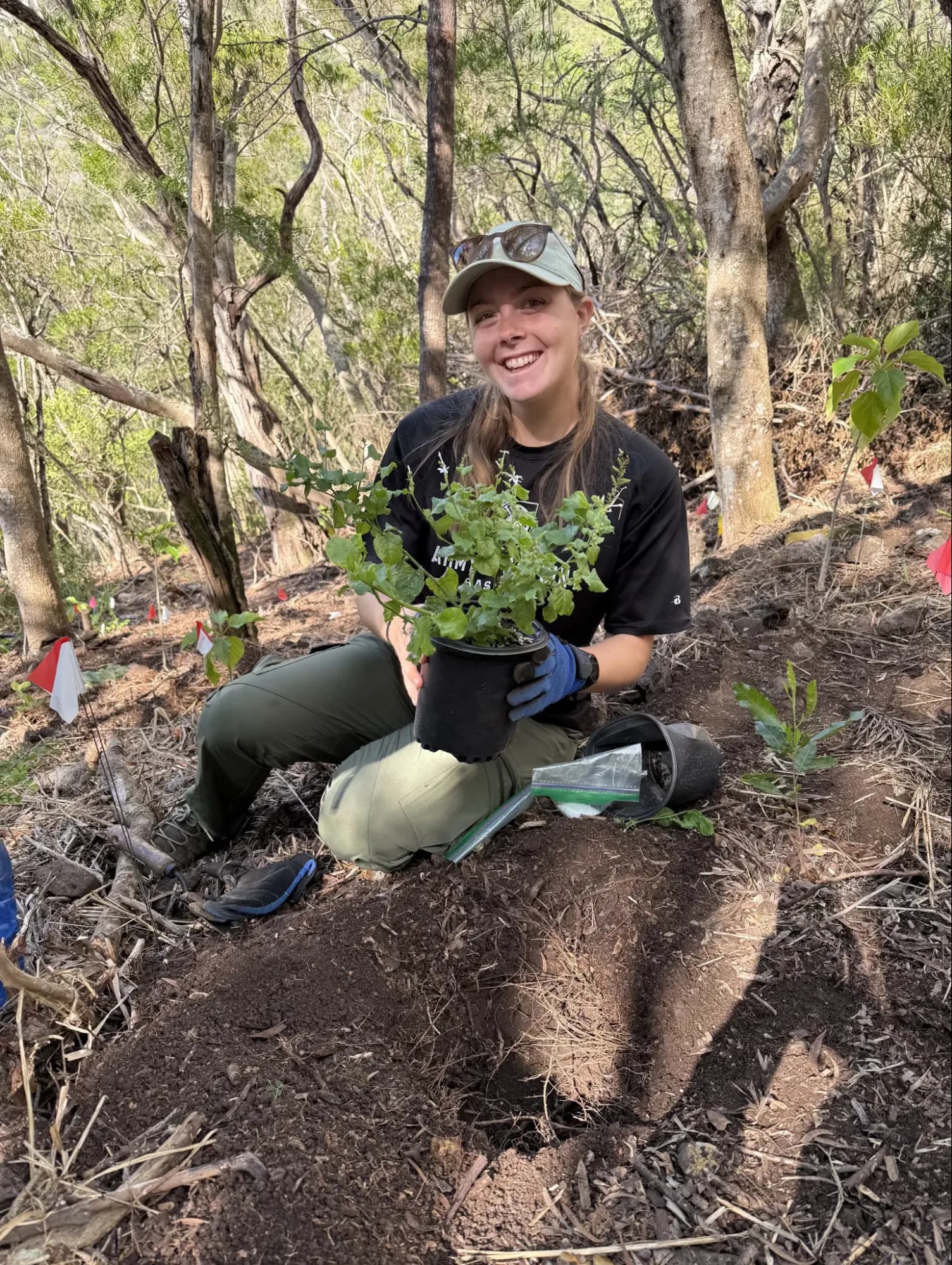 Volunteer holding a native plant at a restoration site