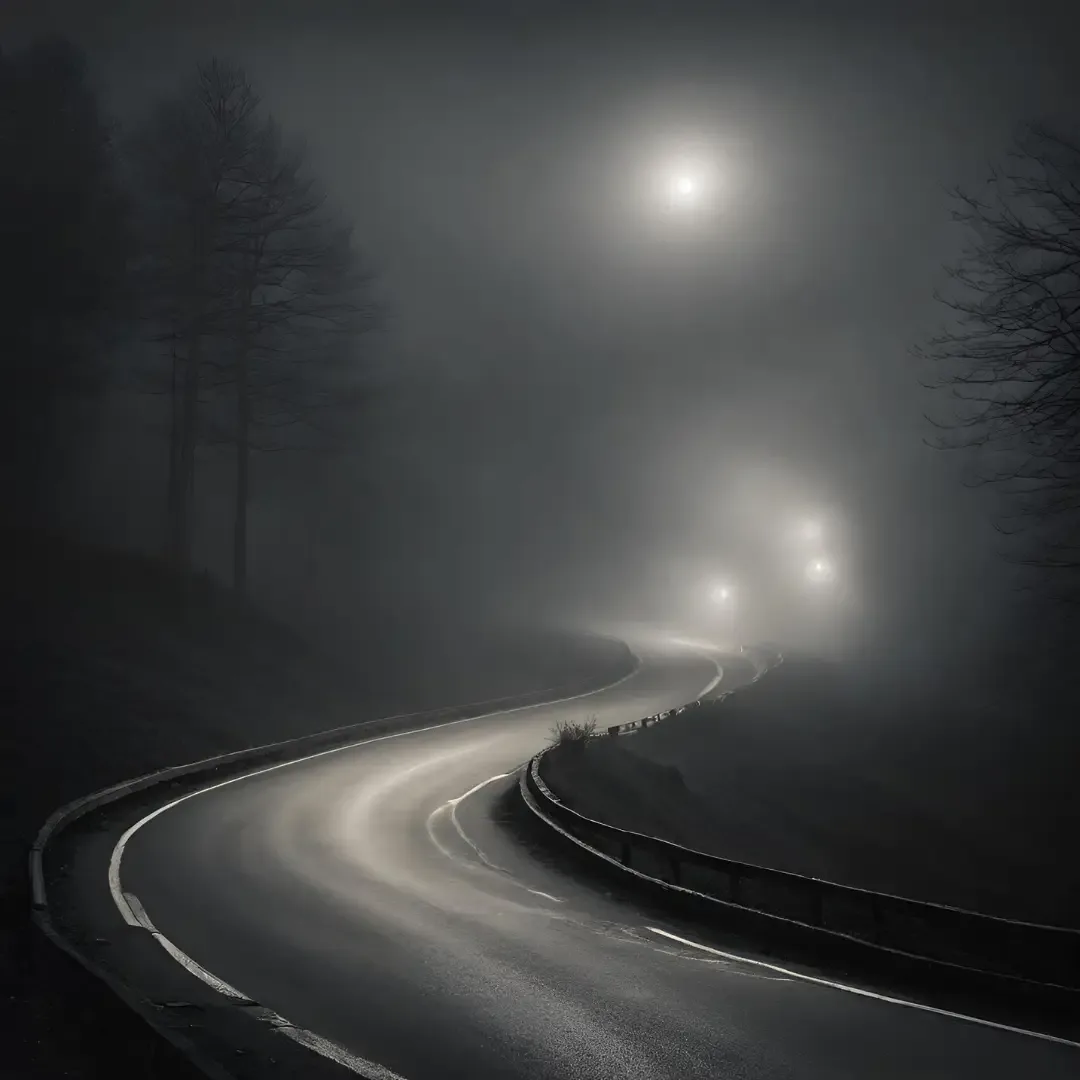 Foggy Saddle Road in Hawaii at night